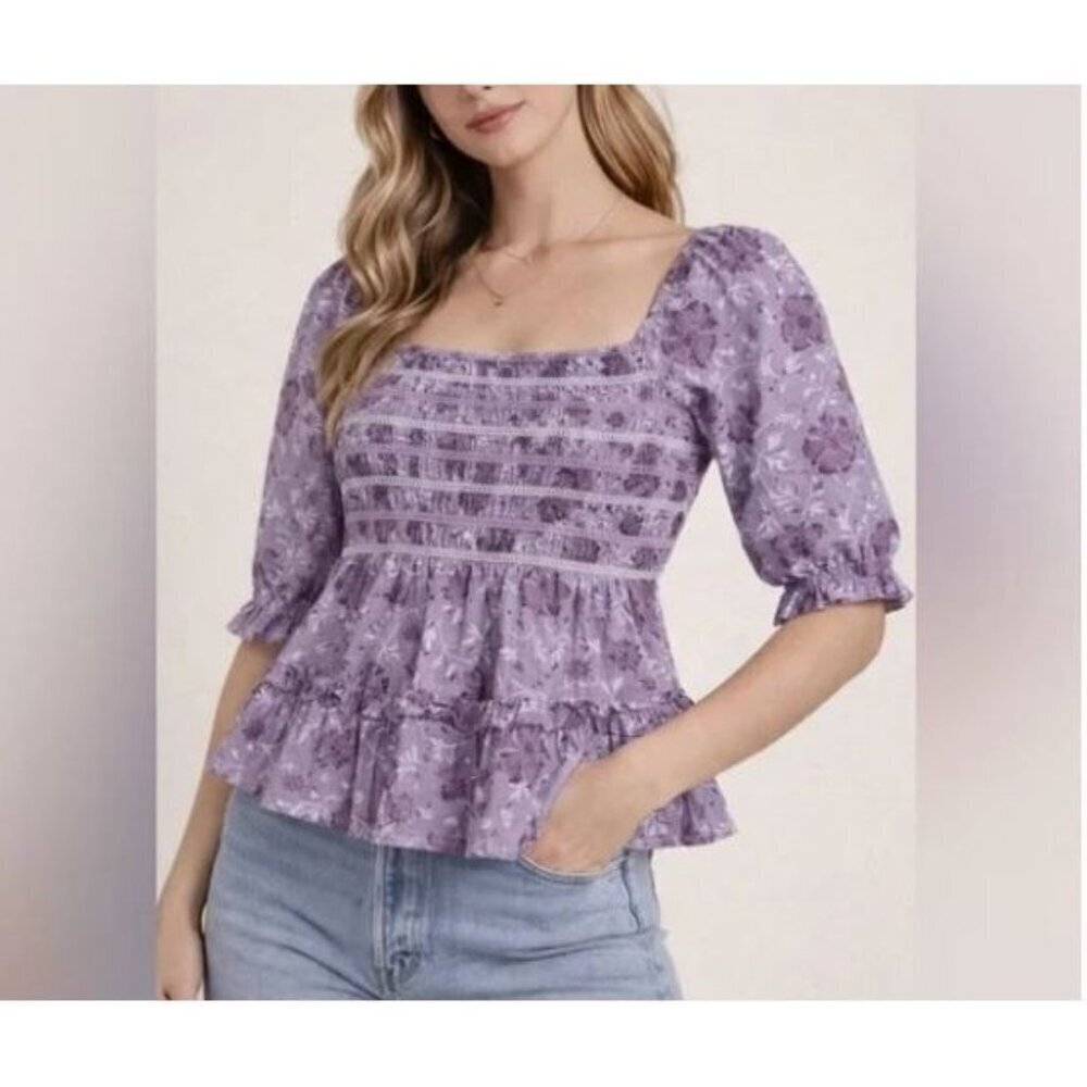 American Eagle Top Womens XL Purple Floral Smocked Embroidered Cropped Coquette